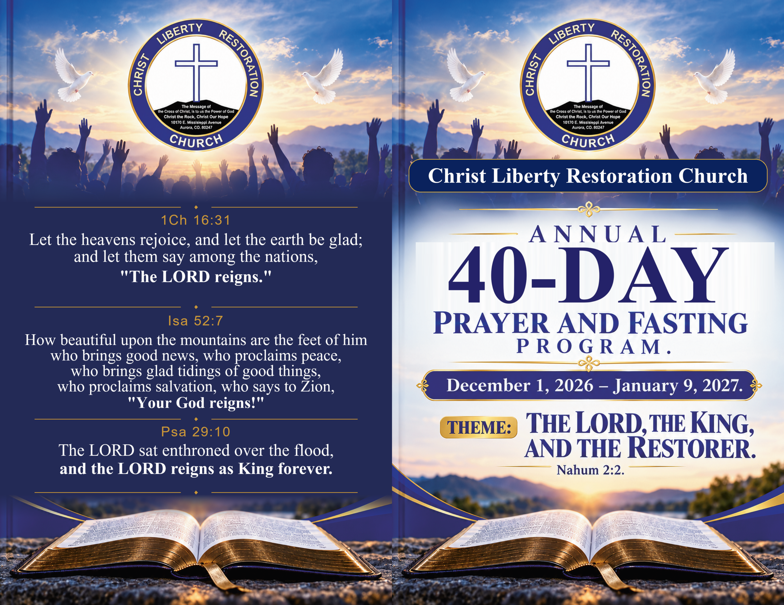 Annual Forty-Day Prayer and Fasting Program, December 1, 2026–January 9, 2027. Theme: The Lord, the King, and the Restorer, Nahum 2:2. Full front and back flyer.